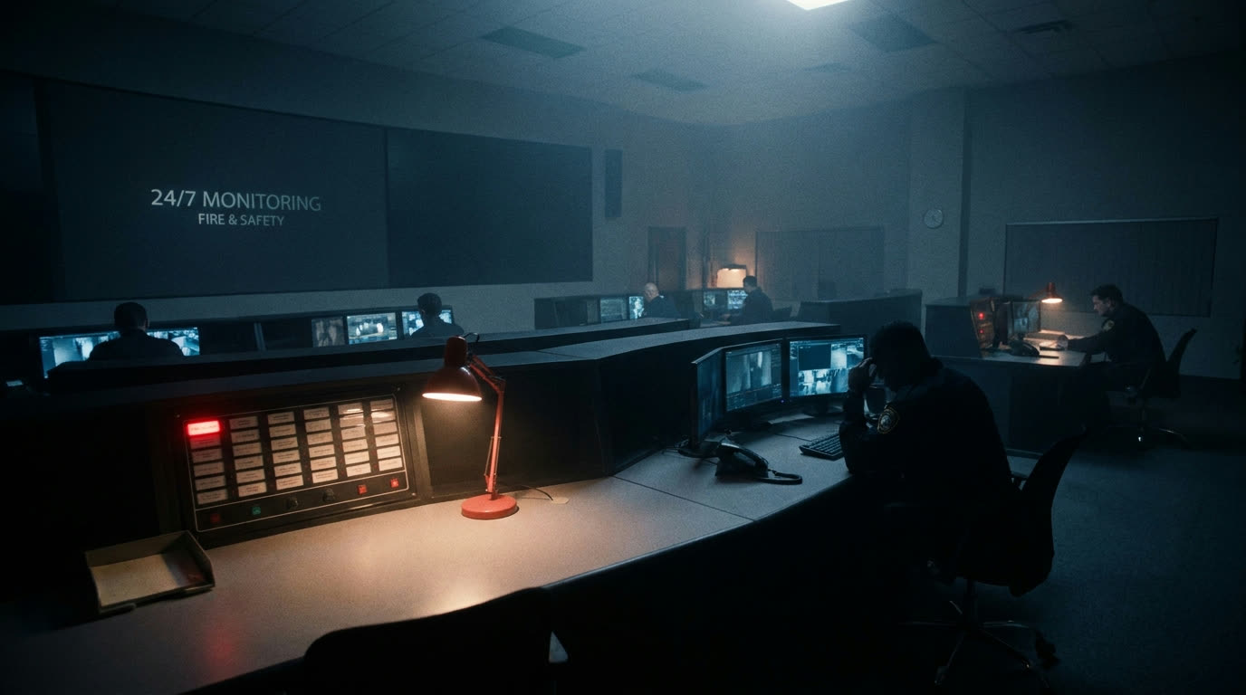 24/7 fire-alarm monitoring control room at night