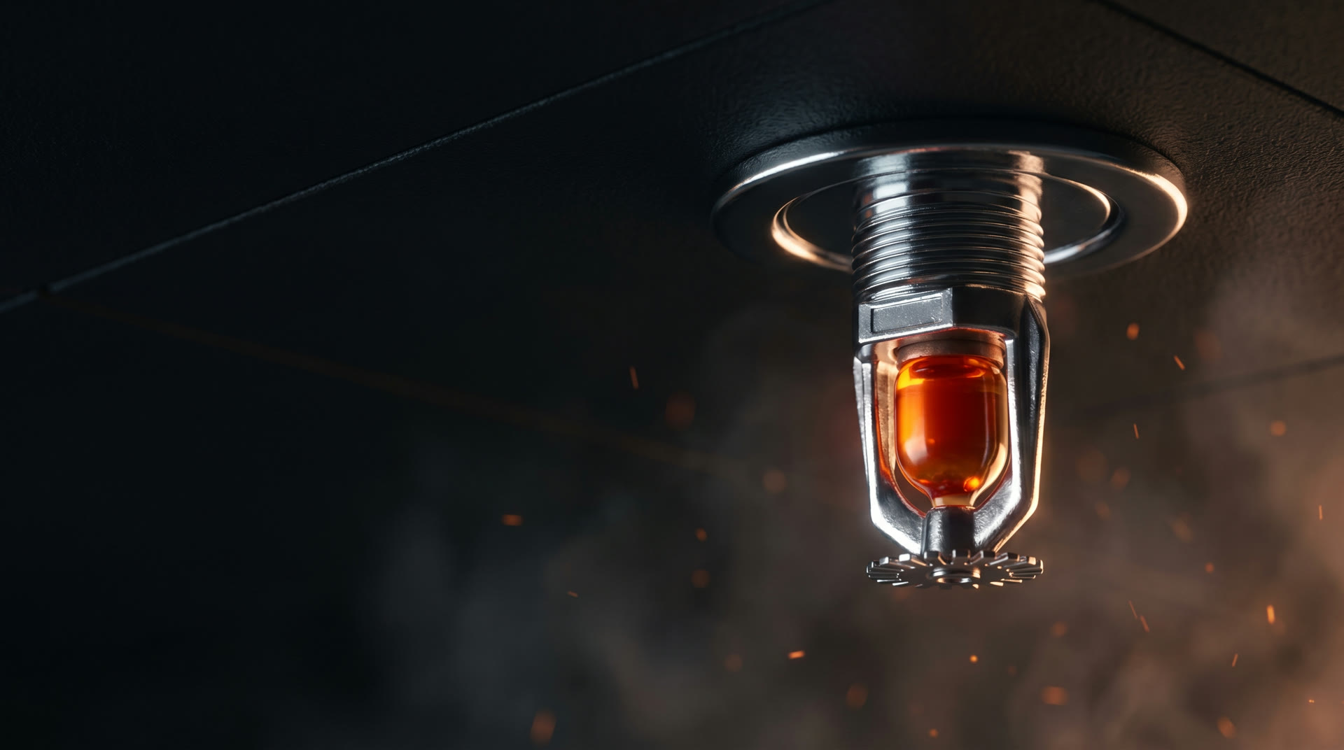 Chrome pendent fire sprinkler head with a glowing red frangible bulb and drifting embers