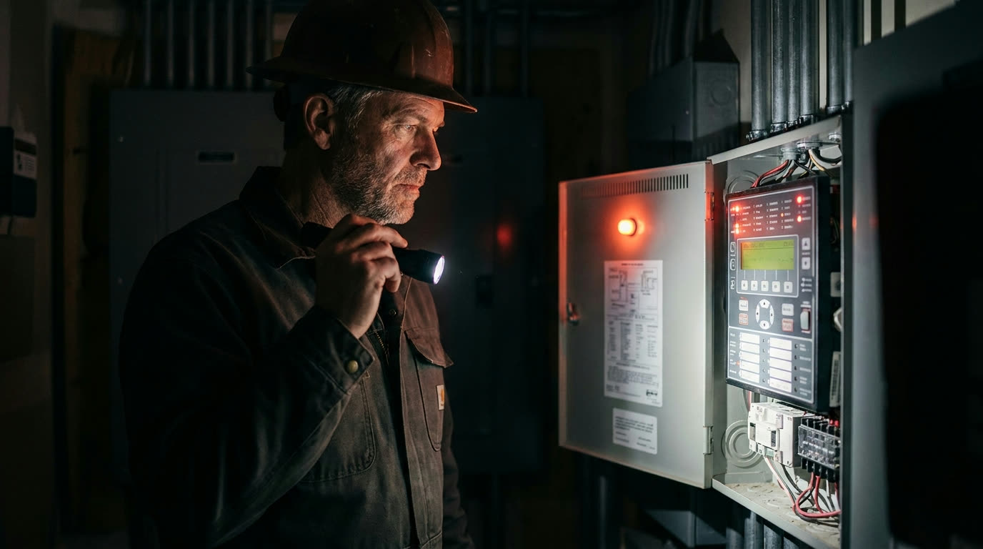 Fire-protection technician inspecting a control panel